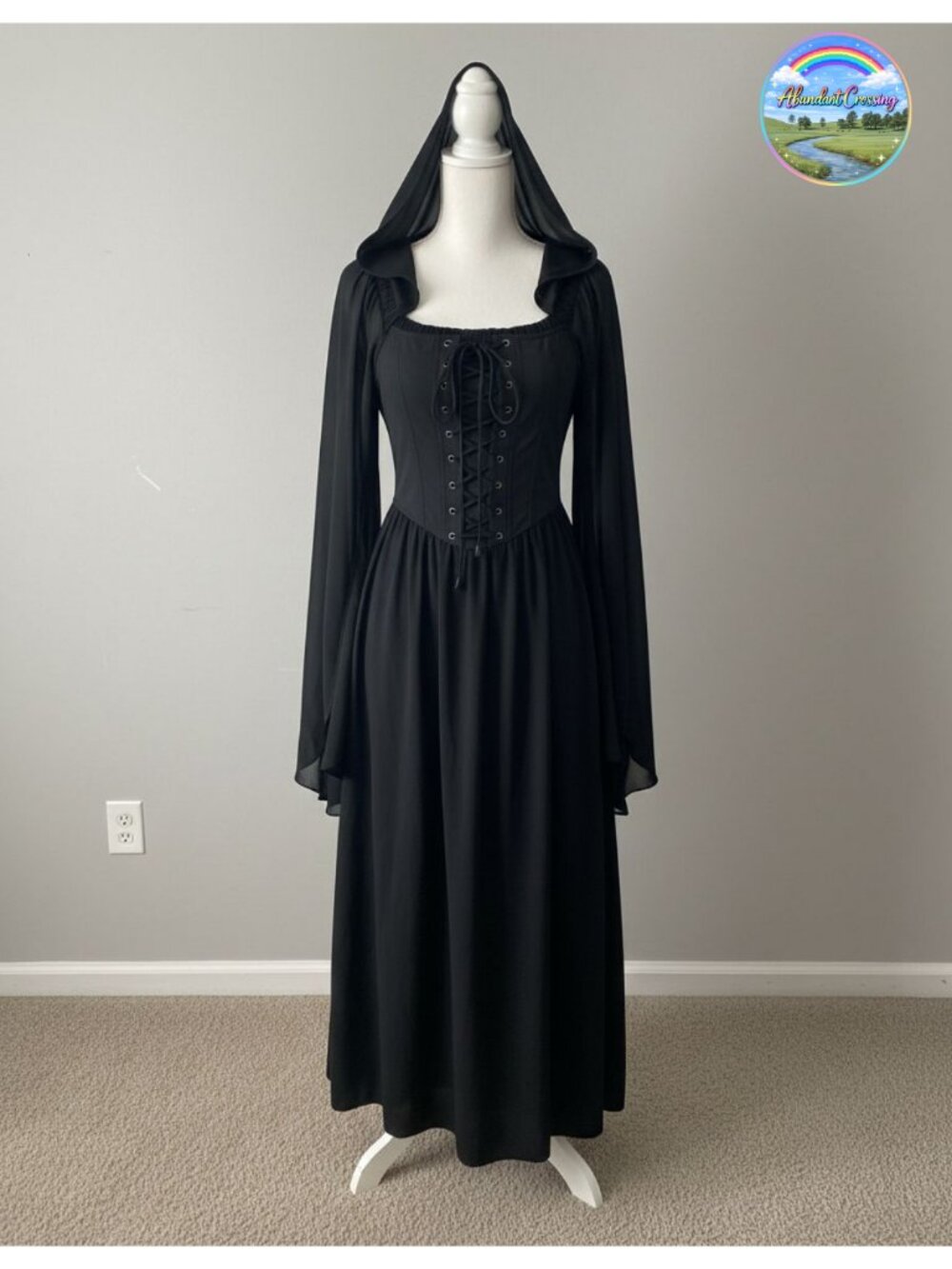 Renaissance Medieval Witch Dress Chiffon Bell Sleeve Maxi Halloween Costume
